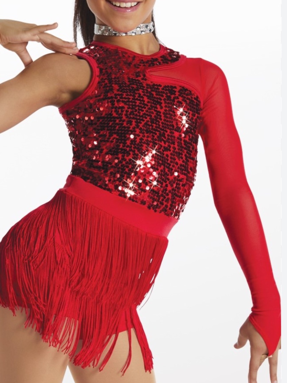 Weissman girls Red Roxie Sequin Fringe Costume mesh sleeve MC